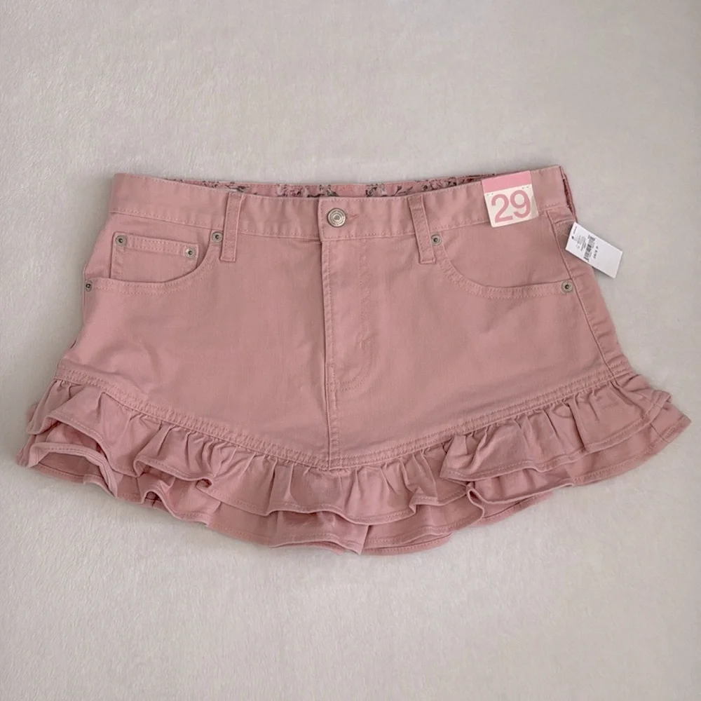 {NWT} GAP x LoveShackFancy | Stretch Denim Ruffle Hem Mini Skirt Pink (29/8P) - Picture 3 of 16